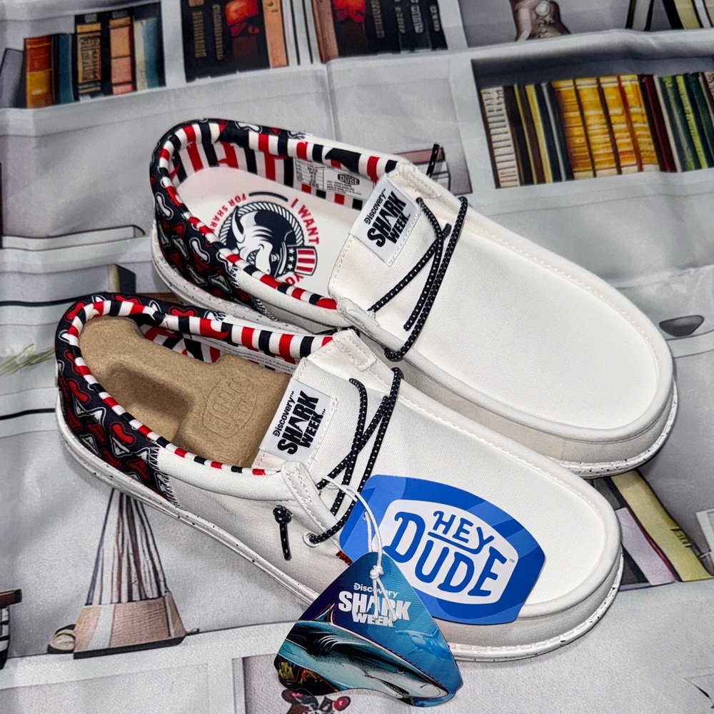 Hey Dude White and Black Shark Week Slip-On Shoes